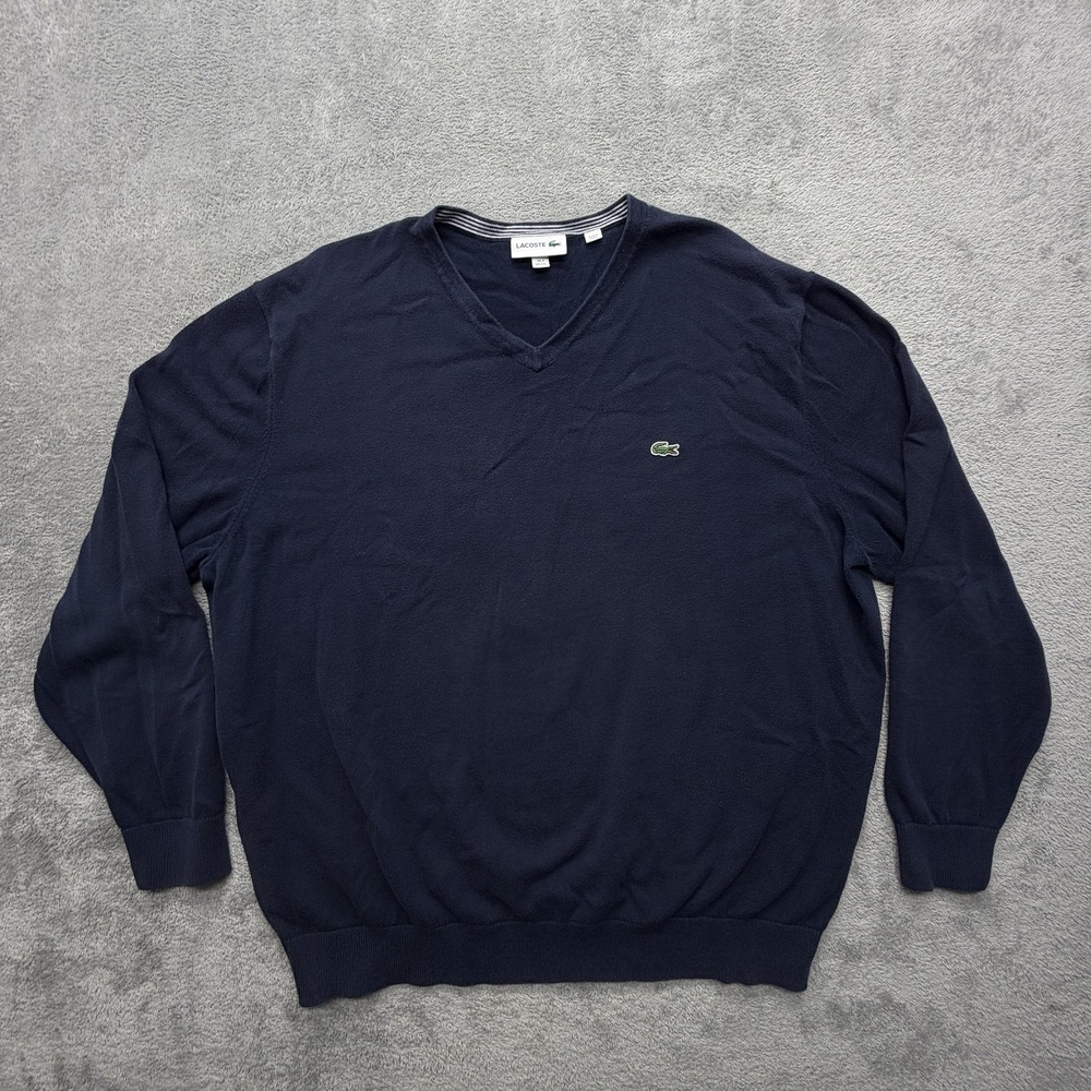 Lacoste Sweater Mens 2XL Blue V Neck Pullover Cotton Lightweight‎ Logo Classic